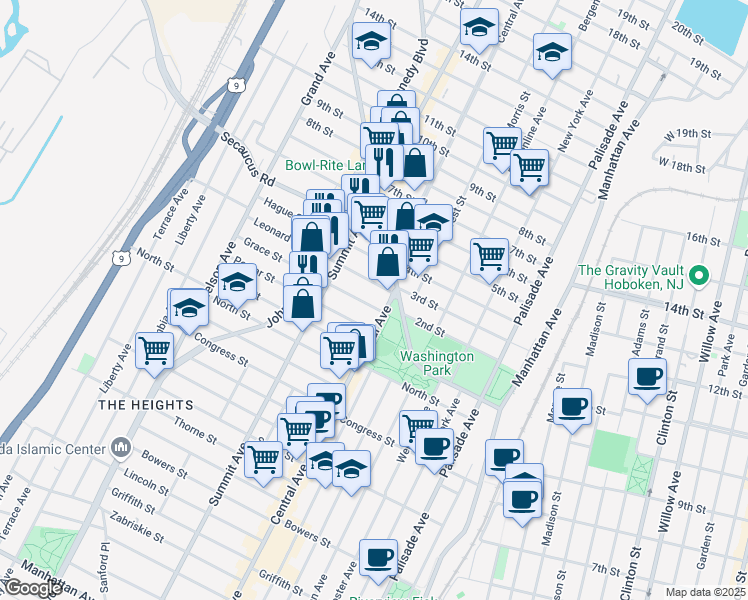 map of restaurants, bars, coffee shops, grocery stores, and more near 23 Leonard Street in Jersey City