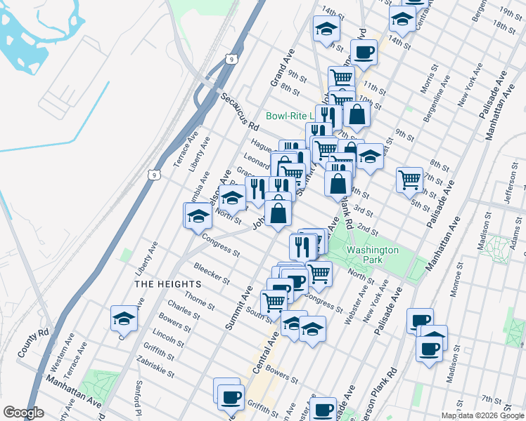 map of restaurants, bars, coffee shops, grocery stores, and more near 3664 John F. Kennedy Boulevard in Jersey City