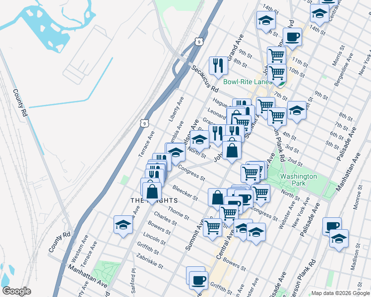 map of restaurants, bars, coffee shops, grocery stores, and more near 208 Columbia Avenue in Jersey City