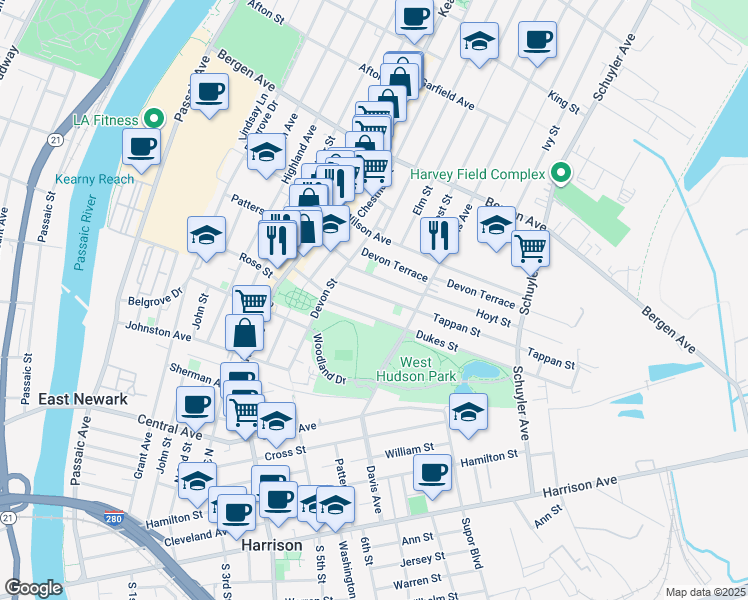 map of restaurants, bars, coffee shops, grocery stores, and more near 21 Tappan Street in Kearny