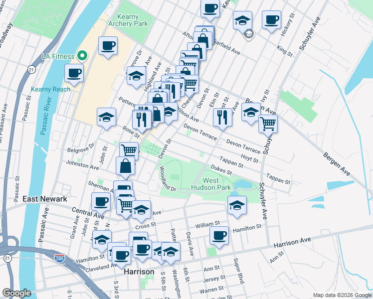 map of restaurants, bars, coffee shops, grocery stores, and more near 21 Tappan Street in Kearny