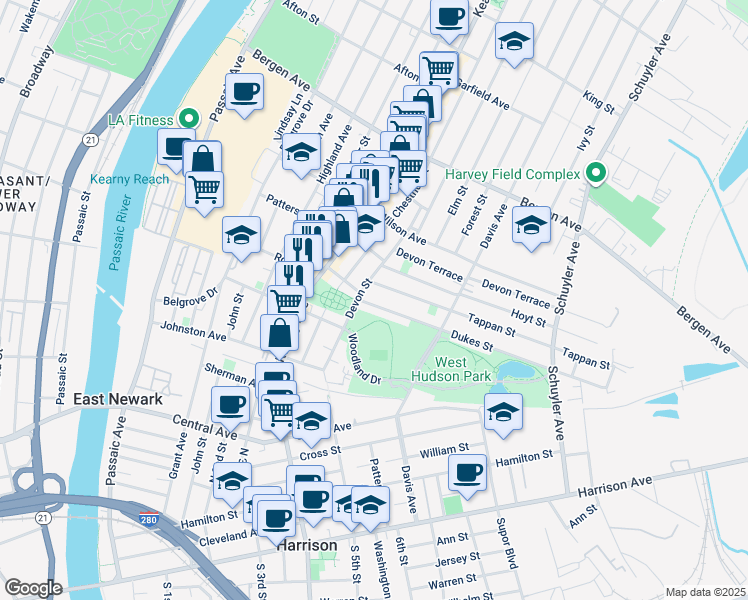 map of restaurants, bars, coffee shops, grocery stores, and more near 83 Devon Street in Kearny