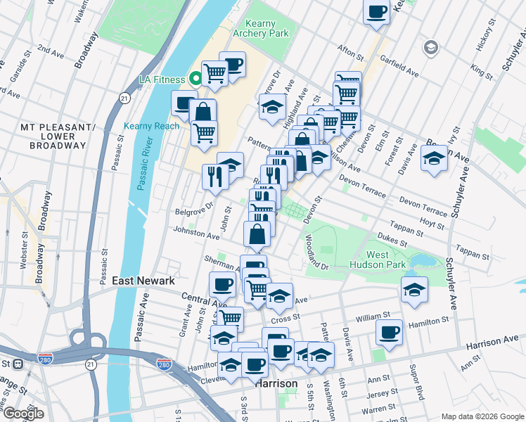 map of restaurants, bars, coffee shops, grocery stores, and more near 59 Maple Street in Kearny