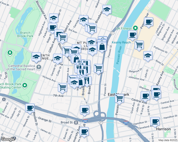 map of restaurants, bars, coffee shops, grocery stores, and more near 200-218 Broad Street in Newark