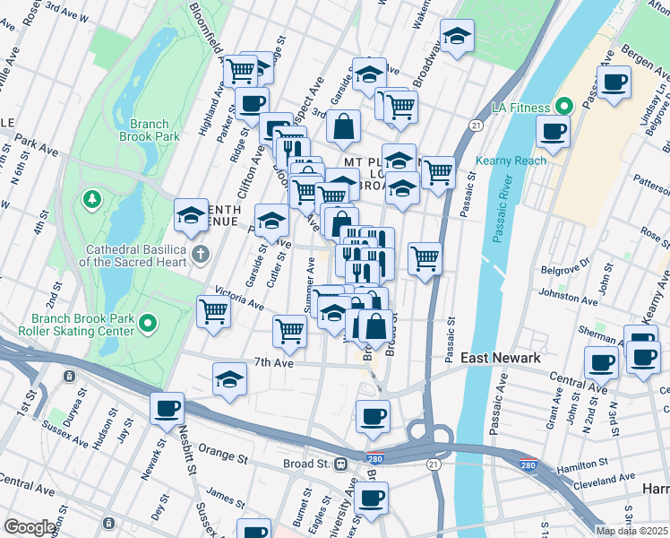 map of restaurants, bars, coffee shops, grocery stores, and more near 45 Bloomfield Avenue in Newark