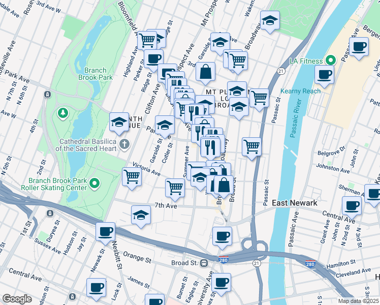 map of restaurants, bars, coffee shops, grocery stores, and more near 118 Summer Avenue in Newark