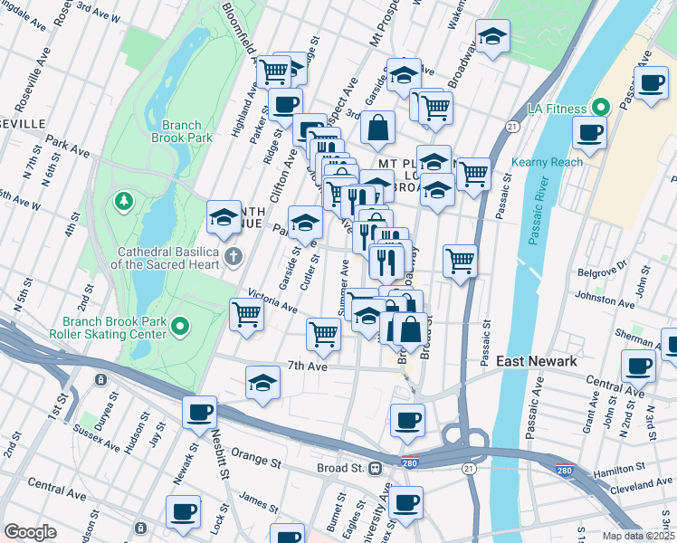 map of restaurants, bars, coffee shops, grocery stores, and more near 118 Summer Avenue in Newark