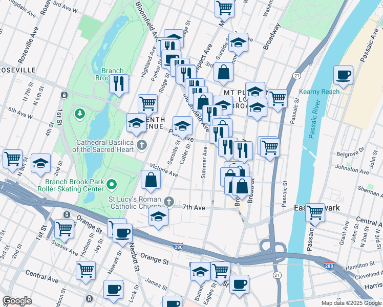 map of restaurants, bars, coffee shops, grocery stores, and more near 42-56 Park Avenue in Newark