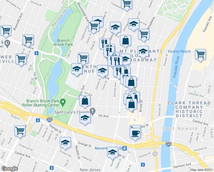 map of restaurants, bars, coffee shops, grocery stores, and more near 105 Cutler Street in Newark