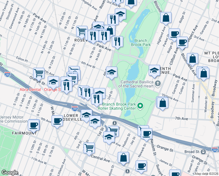 map of restaurants, bars, coffee shops, grocery stores, and more near 20 1st Street in Newark