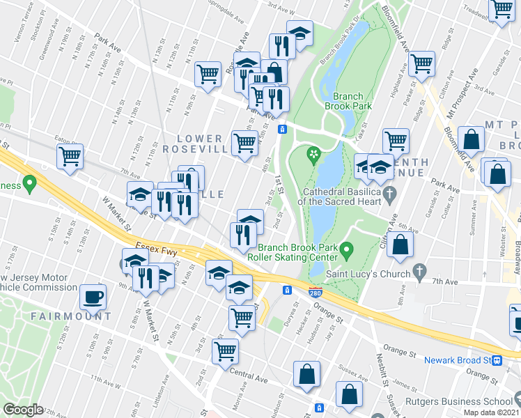 map of restaurants, bars, coffee shops, grocery stores, and more near 220 4th Street in Newark