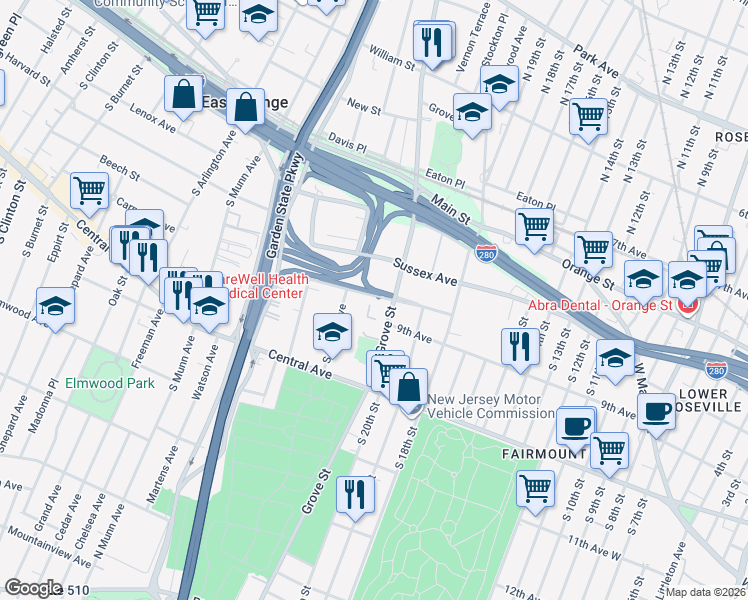 map of restaurants, bars, coffee shops, grocery stores, and more near 45 South Grove Street in East Orange