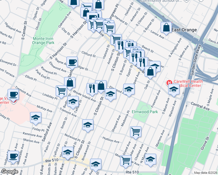 map of restaurants, bars, coffee shops, grocery stores, and more near 297 South Burnet Street in East Orange