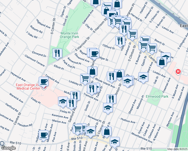 map of restaurants, bars, coffee shops, grocery stores, and more near 27 Bedford Street in East Orange
