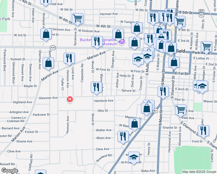 map of restaurants, bars, coffee shops, grocery stores, and more near 138 Sturges Avenue in Mansfield