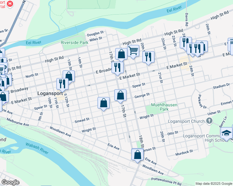 map of restaurants, bars, coffee shops, grocery stores, and more near 1630 Spear Street in Logansport
