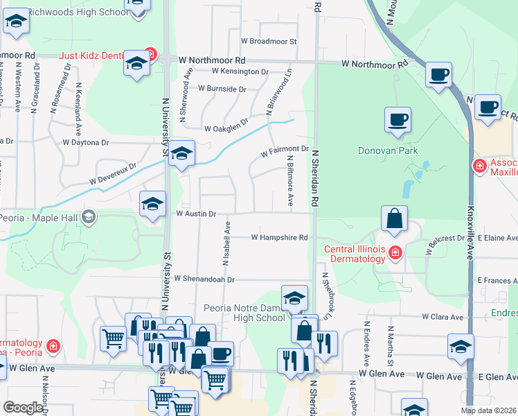 map of restaurants, bars, coffee shops, grocery stores, and more near 5511 North Fairmont Drive in Peoria