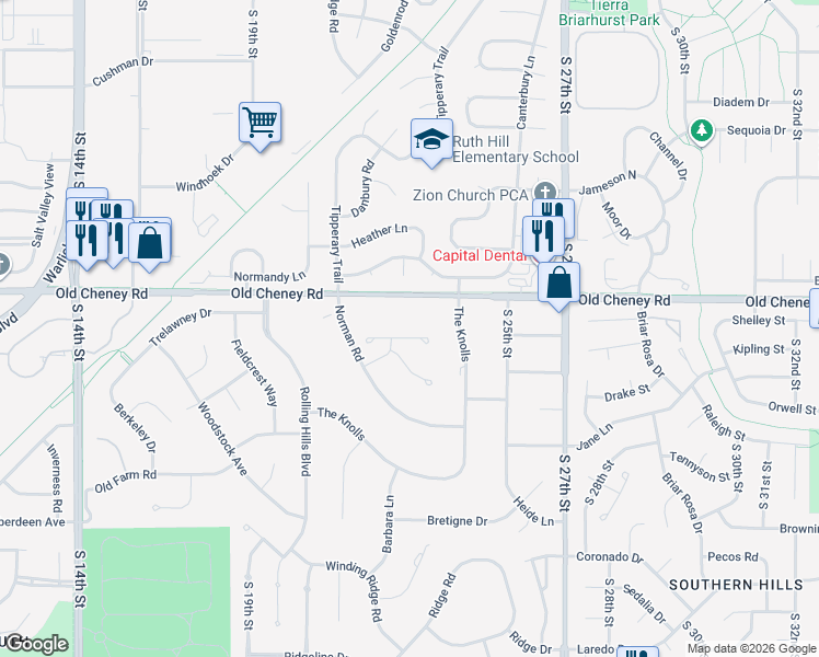 map of restaurants, bars, coffee shops, grocery stores, and more near 2333 Old Cheney Road in Lincoln
