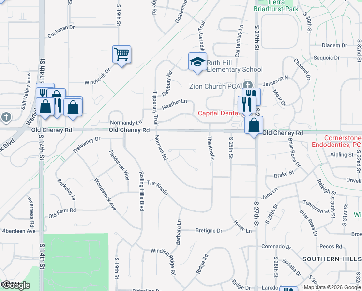map of restaurants, bars, coffee shops, grocery stores, and more near 2333 Old Cheney Road in Lincoln