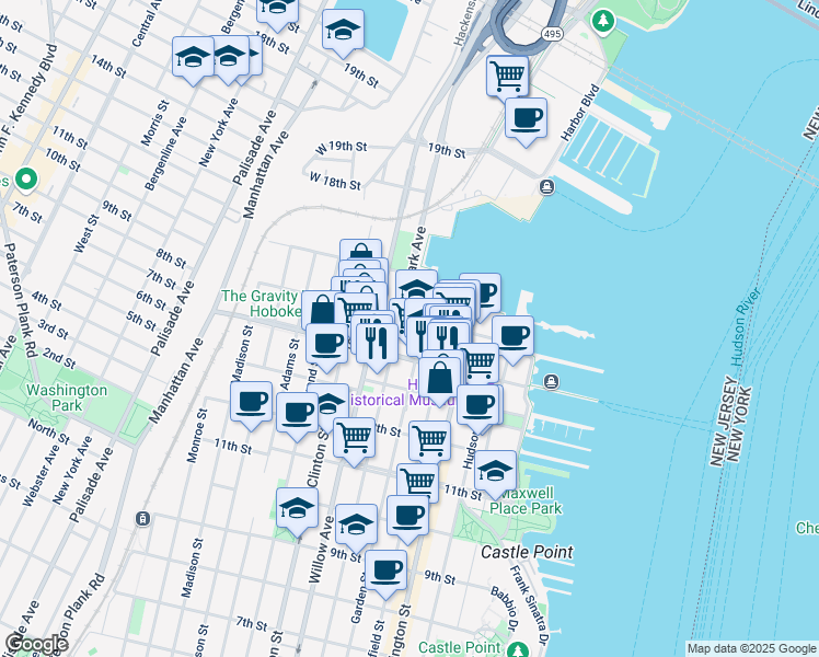 map of restaurants, bars, coffee shops, grocery stores, and more near 1501 Park Avenue in Hoboken