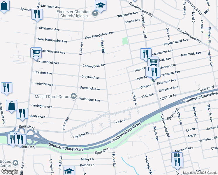 map of restaurants, bars, coffee shops, grocery stores, and more near 1593 East Forks Road in Bay Shore