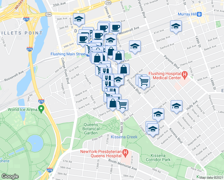 map of restaurants, bars, coffee shops, grocery stores, and more near 137-05 Franklin Avenue in Queens