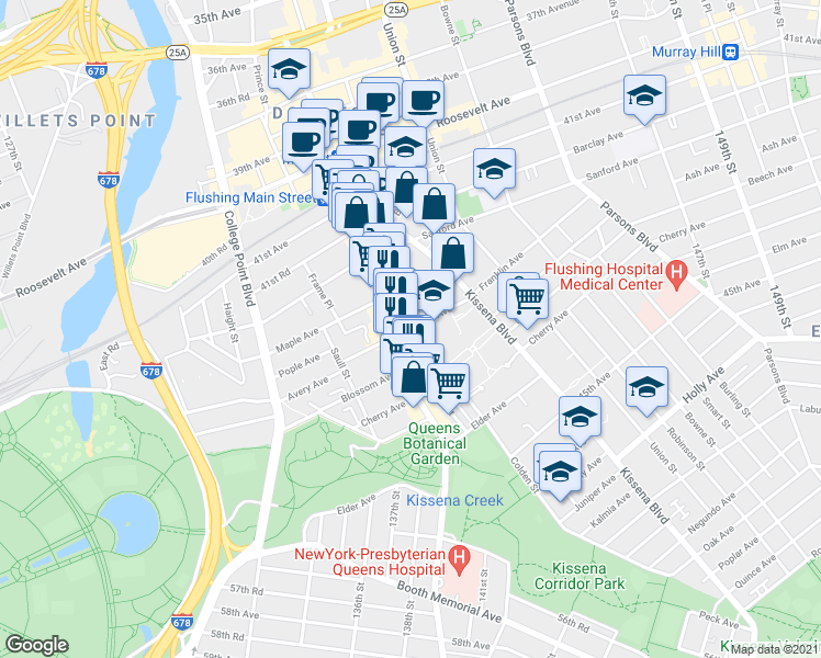 map of restaurants, bars, coffee shops, grocery stores, and more near 137-05 Franklin Avenue in Queens