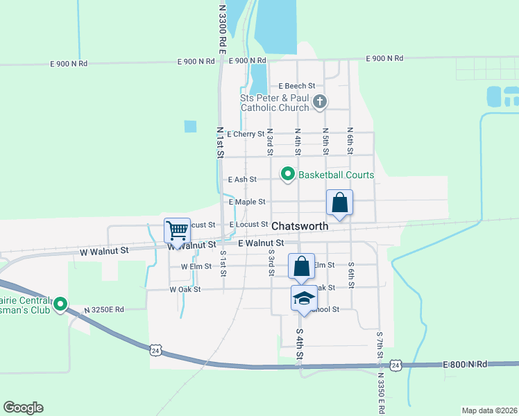 map of restaurants, bars, coffee shops, grocery stores, and more near 208 East Maple Street in Chatsworth