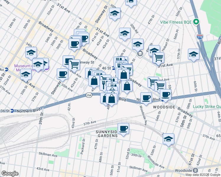 map of restaurants, bars, coffee shops, grocery stores, and more near 32-65 47th Street in Queens