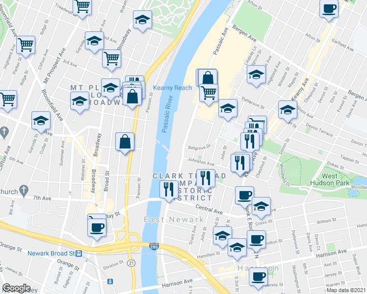 map of restaurants, bars, coffee shops, grocery stores, and more near 33 Passaic Avenue in Kearny