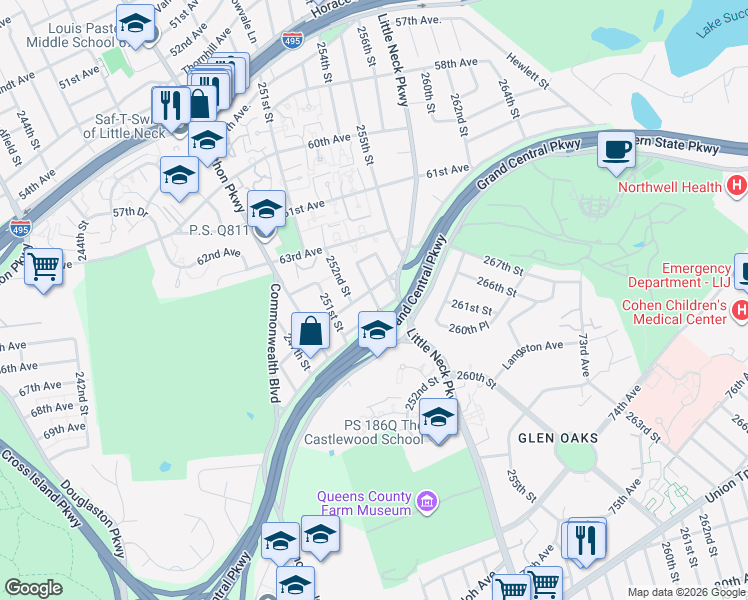 map of restaurants, bars, coffee shops, grocery stores, and more near 66-06 254th Street in Queens