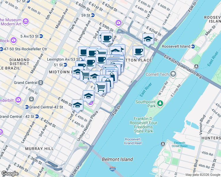 map of restaurants, bars, coffee shops, grocery stores, and more near in New York