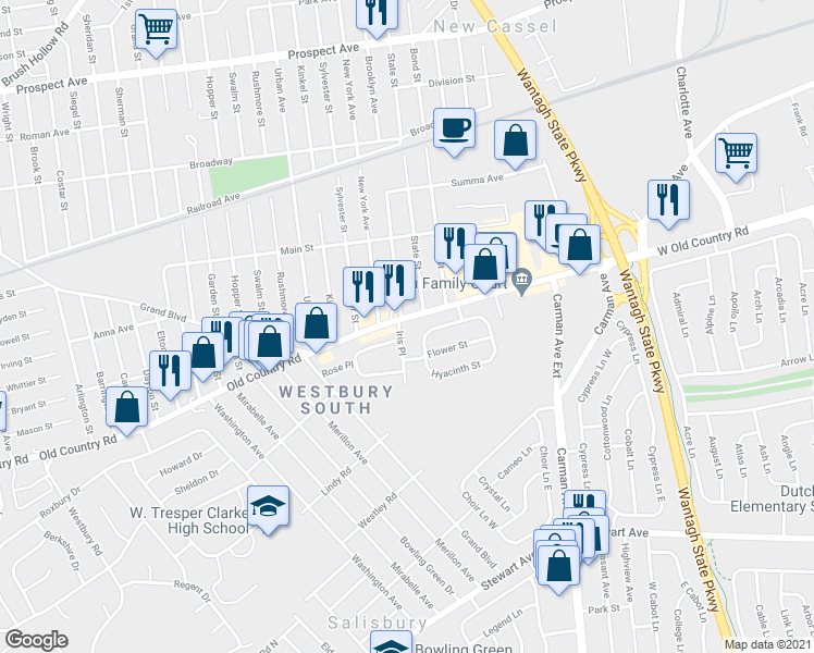 map of restaurants, bars, coffee shops, grocery stores, and more near 1112 Iris Place in Westbury