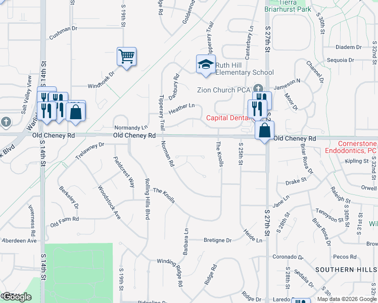 map of restaurants, bars, coffee shops, grocery stores, and more near 2333 Old Cheney Road in Lincoln