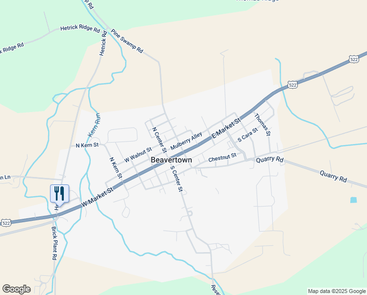 map of restaurants, bars, coffee shops, grocery stores, and more near 128 North Sassafras Street in Beavertown