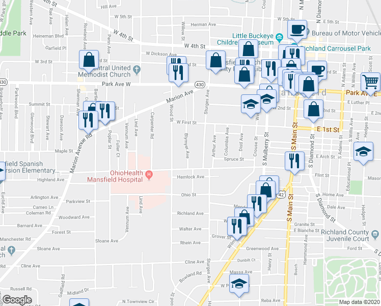 map of restaurants, bars, coffee shops, grocery stores, and more near 155 Blymyer Avenue in Mansfield