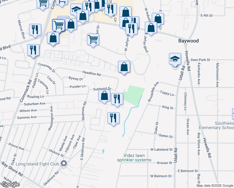 map of restaurants, bars, coffee shops, grocery stores, and more near 41 Sunburst Drive in Deer Park