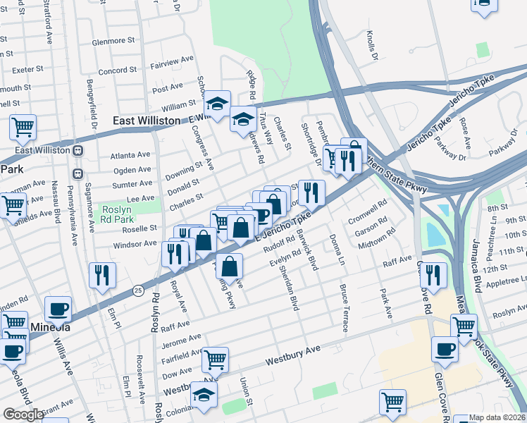map of restaurants, bars, coffee shops, grocery stores, and more near 227 Brown Street in Mineola