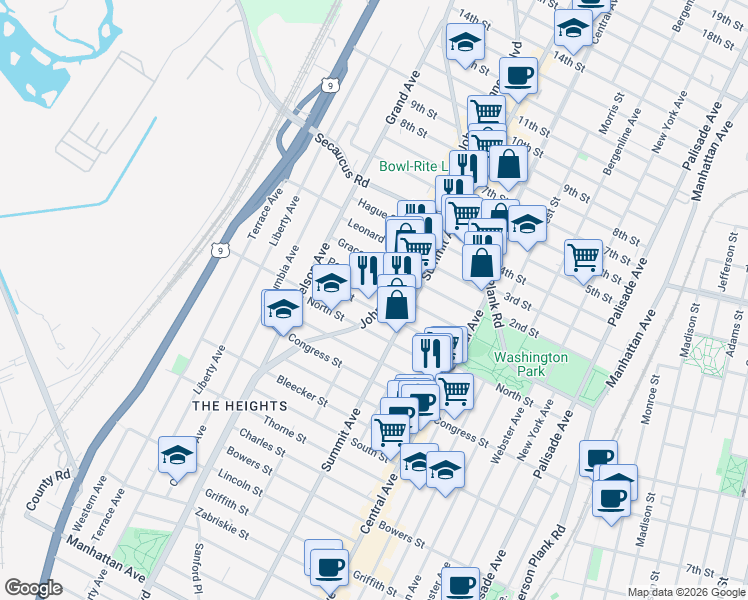 map of restaurants, bars, coffee shops, grocery stores, and more near 3664 John F. Kennedy Boulevard in Jersey City
