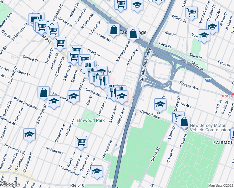 map of restaurants, bars, coffee shops, grocery stores, and more near 300 Central Avenue in East Orange