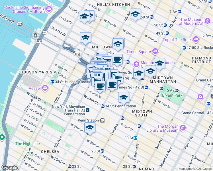 map of restaurants, bars, coffee shops, grocery stores, and more near 498 9th Avenue in New York