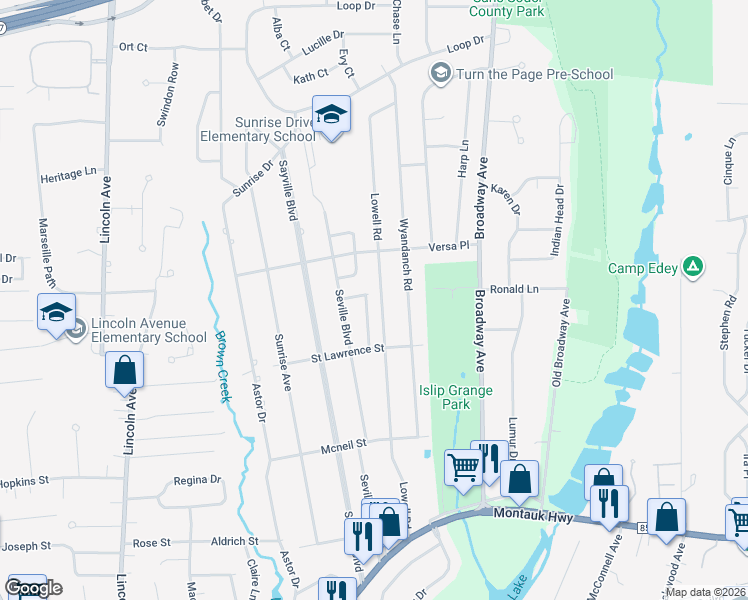 map of restaurants, bars, coffee shops, grocery stores, and more near 227 Lowell Road in Sayville
