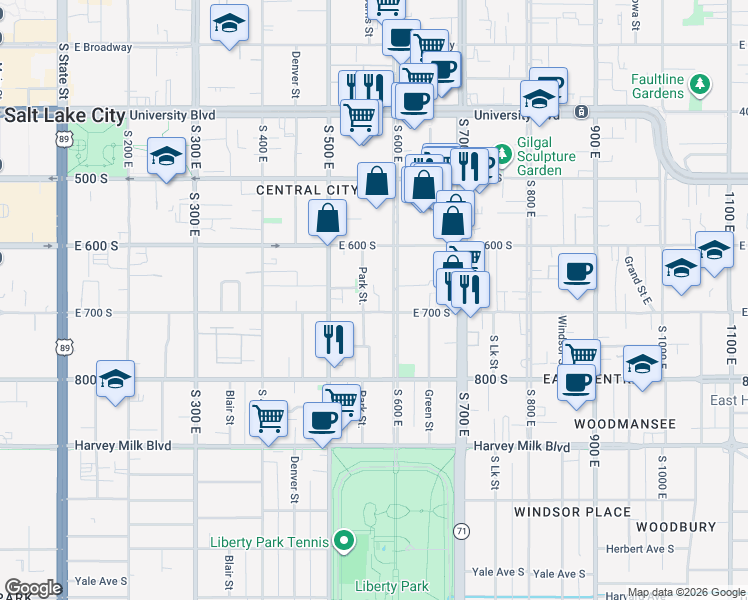 map of restaurants, bars, coffee shops, grocery stores, and more near 555 East 700 South in Salt Lake City