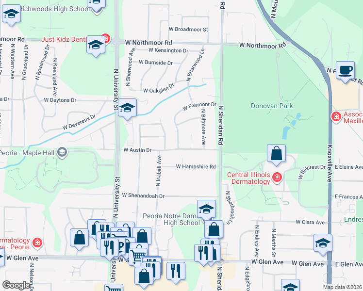map of restaurants, bars, coffee shops, grocery stores, and more near 5511 North Fairmont Drive in Peoria