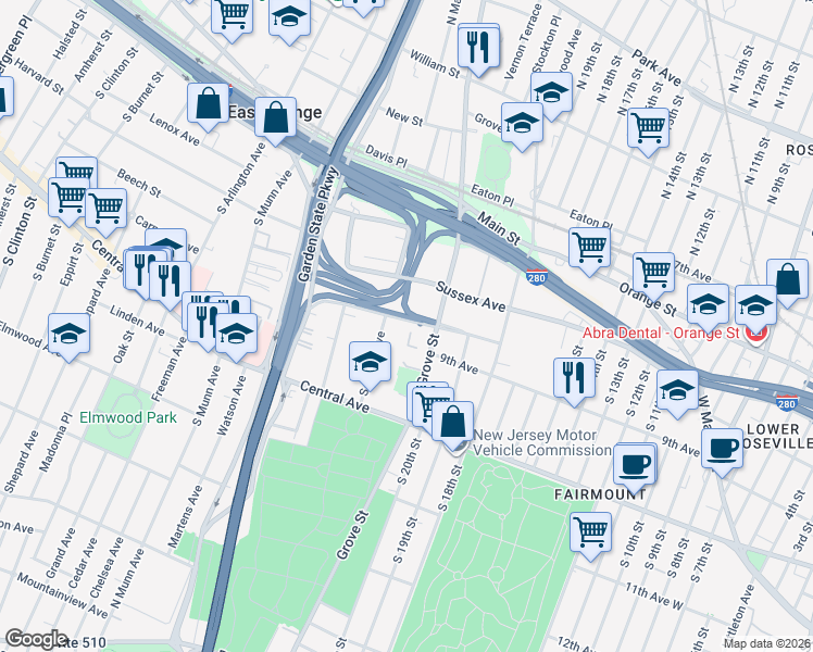 map of restaurants, bars, coffee shops, grocery stores, and more near 29 Winthrop Terrace in East Orange