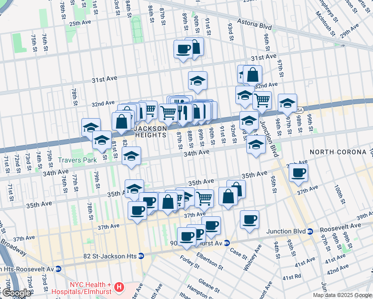 map of restaurants, bars, coffee shops, grocery stores, and more near 33-39 88th Street in Queens