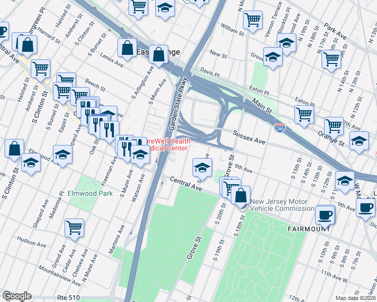 map of restaurants, bars, coffee shops, grocery stores, and more near 48 Hawthorne Avenue in East Orange