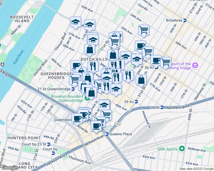 map of restaurants, bars, coffee shops, grocery stores, and more near 39-10 Crescent Street in Queens