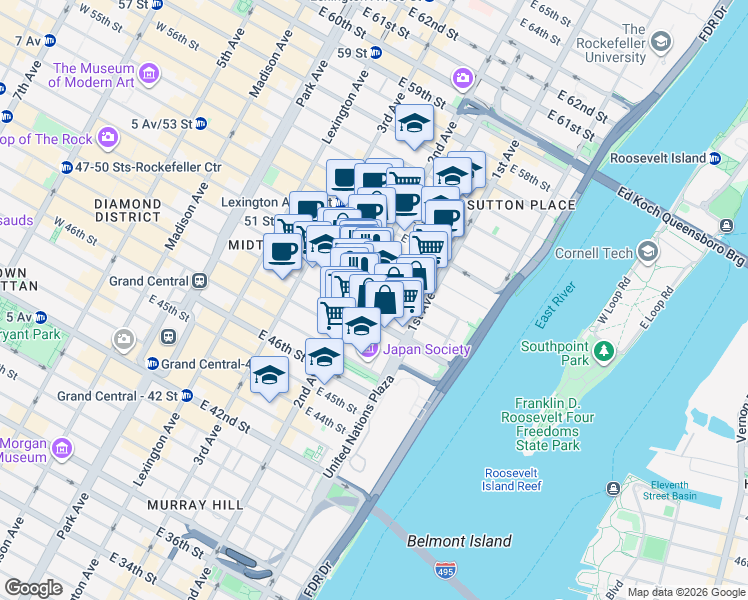 map of restaurants, bars, coffee shops, grocery stores, and more near 314 East 50th Street in New York