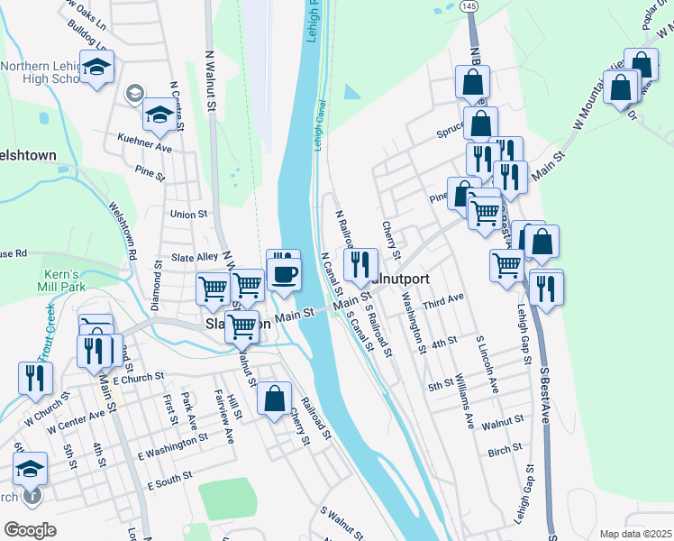 map of restaurants, bars, coffee shops, grocery stores, and more near 36 North Canal Street in Walnutport